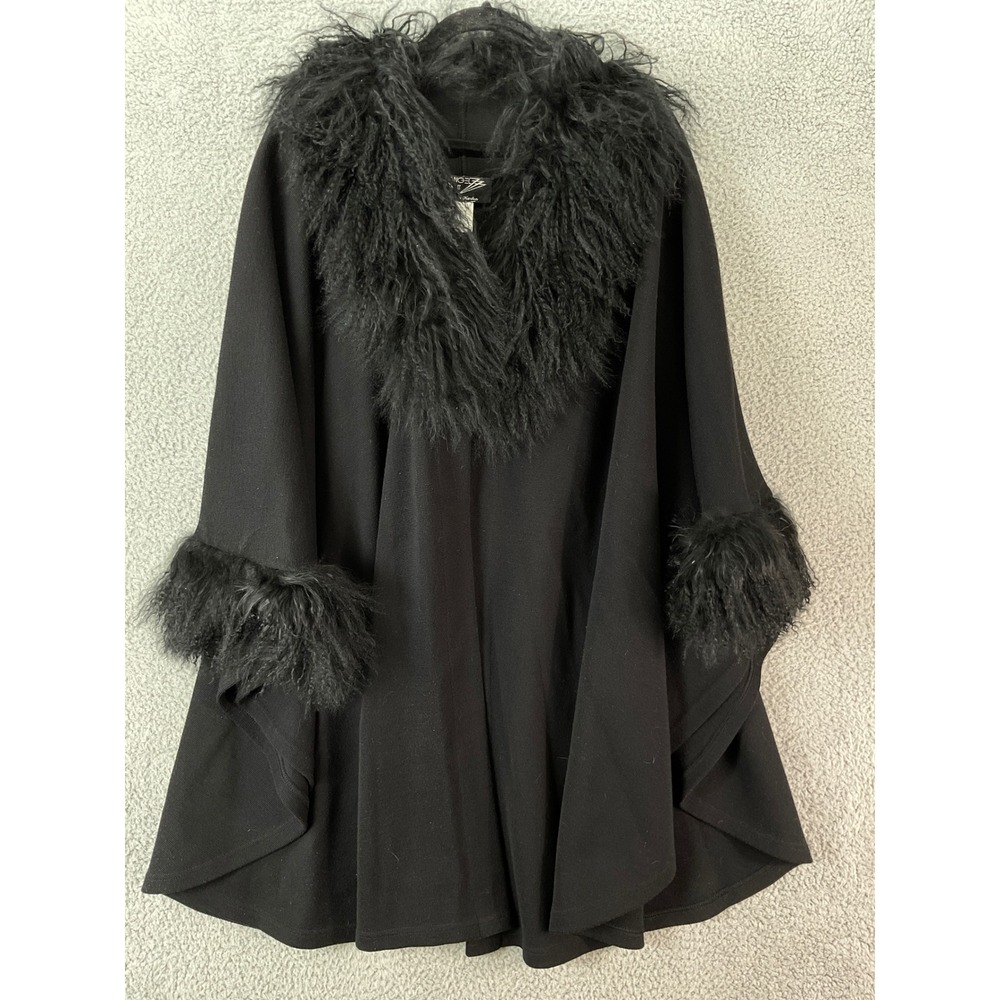 Angel II Design Karton Cape Women OS Black‎ Merino Wool Faux Fur Trim Italy